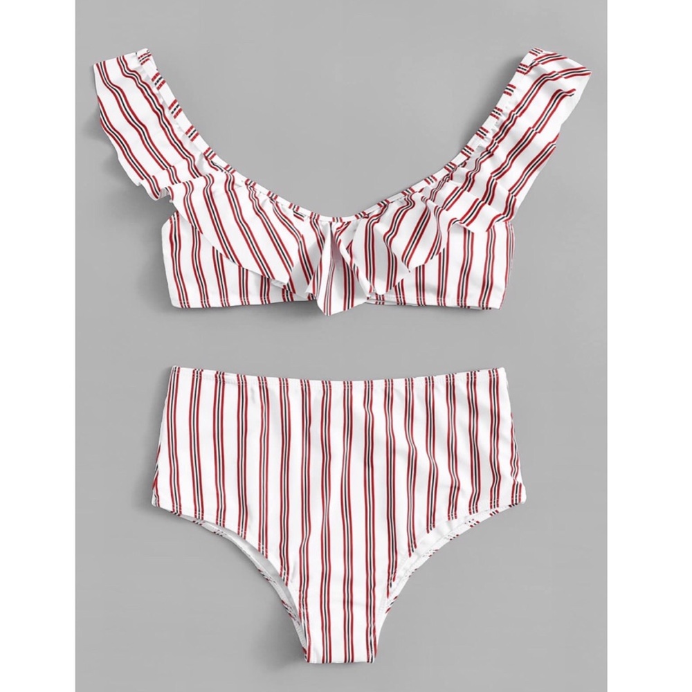 Striped Ruffle Top w/High Waist Bikini Set (New)